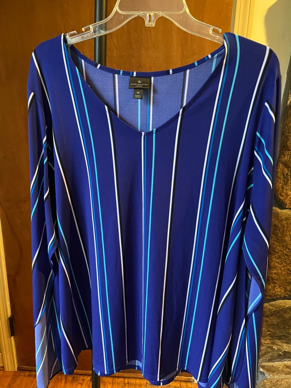 Worthington Blue Striped V-Neck Top